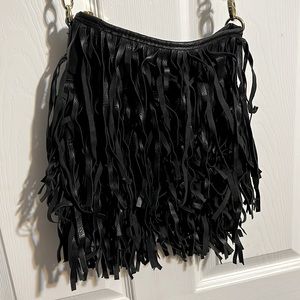 Steve Madden Black Leather Fringe Purse, with Gold Chain